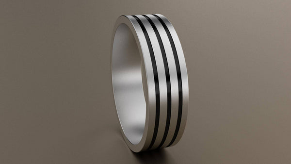Brushed White Gold 6mm Triple Black Groove Wedding Band