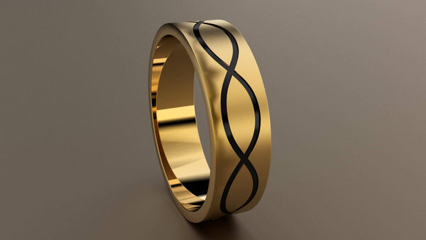 Brushed Yellow Gold 6mm Infinity Black Groove Wedding Band