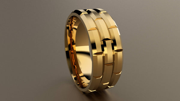 Brushed Yellow Gold 8mm Brick Pattern Wedding Band