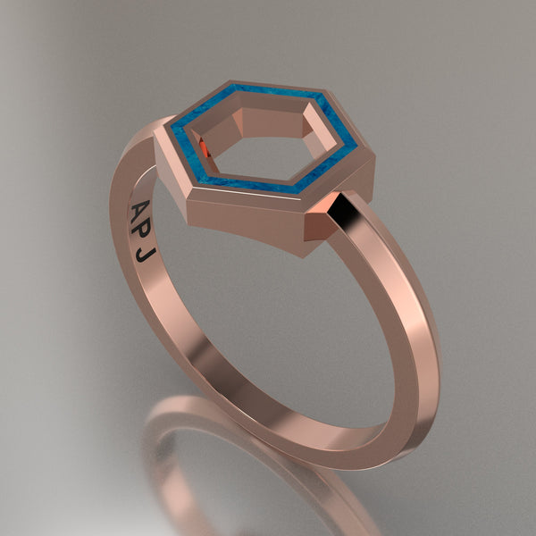 Rose Gold Geometric Hexagon Ring, Blue Swirl Resin Solid 14kt Rose Gold Petite Design