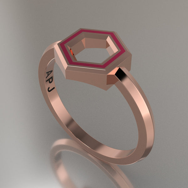 Rose Gold Geometric Hexagon Ring, Pink Resin Solid 14kt Rose Gold Petite Design