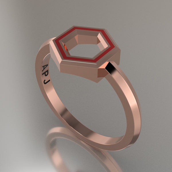 Rose Gold Geometric Hexagon Ring, Red Resin Solid 14kt Rose Gold Petite Design