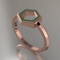Rose Gold Geometric Hexagon Ring, Transparent Green Resin Solid 14kt Rose Gold Petite Design