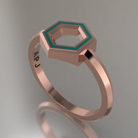 Rose Gold Geometric Hexagon Ring, Turquoise Resin Solid 14kt Rose Gold Petite Design