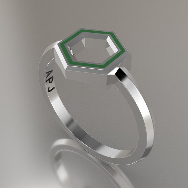 White Gold Geometric Hexagon Ring, Transparent Green Resin Solid 14kt White Gold Petite Design