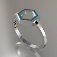White Gold Geometric Hexagon Ring, Blue Swirl Resin Solid 14kt White Gold Petite Design