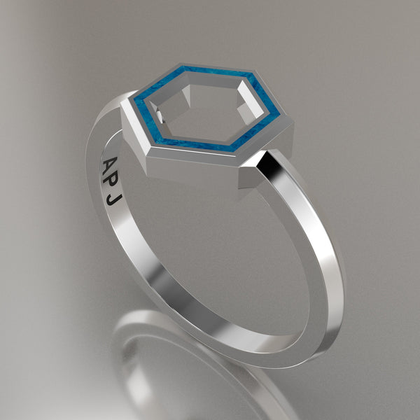 White Gold Geometric Hexagon Ring, Blue Swirl Resin Solid 14kt White Gold Petite Design