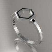 White Gold Geometric Hexagon Ring, Black Resin Solid 14kt White Gold Petite Design