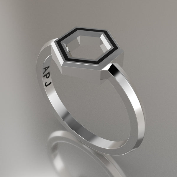 White Gold Geometric Hexagon Ring, Black Resin Solid 14kt White Gold P ...