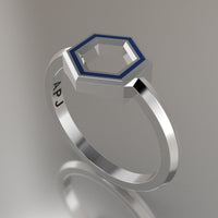 White Gold Geometric Hexagon Ring, Blue Resin Solid 14kt White Gold Petite Design