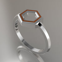 White Gold Geometric Hexagon Ring, Orange Resin Solid 14kt White Gold Petite Design