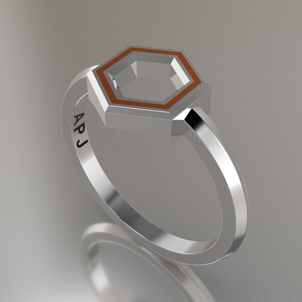 White Gold Geometric Hexagon Ring, Orange Resin Solid 14kt White Gold Petite Design
