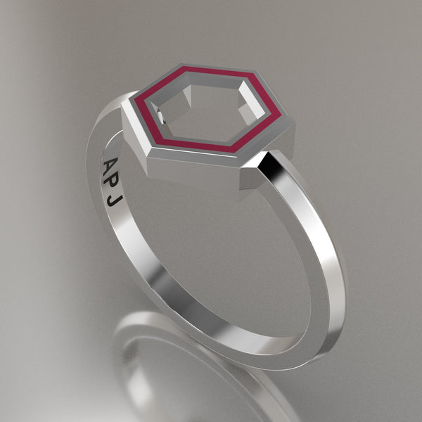 White Gold Geometric Hexagon Ring, Pink Resin Solid 14kt White Gold Petite Design