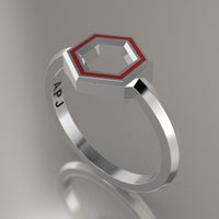 White Gold Geometric Hexagon Ring, Red Resin Solid 14kt White Gold Petite Design