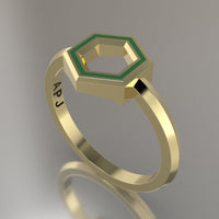 Yellow Gold Geometric Hexagon Ring, Transparent Green Resin Solid 14kt Yellow Gold Petite Design