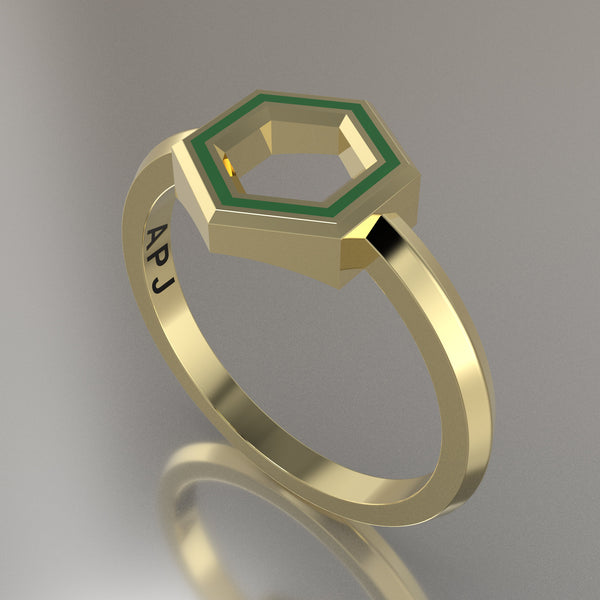 Yellow Gold Geometric Hexagon Ring, Transparent Green Resin Solid 14kt Yellow Gold Petite Design