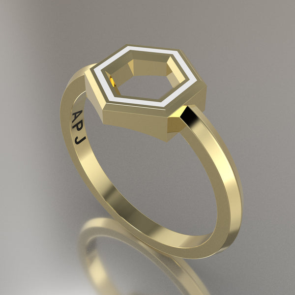 Yellow Gold Geometric Hexagon Ring, White Resin Solid 14kt Yellow Gold Petite Design