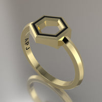 Yellow Gold Geometric Hexagon Ring, Black Resin Solid 14kt Yellow Gold Petite Design
