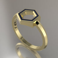 Yellow Gold Geometric Hexagon Ring, Royal Blue Resin Solid 14kt Yellow Gold Petite Design