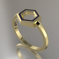 Yellow Gold Geometric Hexagon Ring, Purple Resin Solid 14kt Yellow Gold Petite Design
