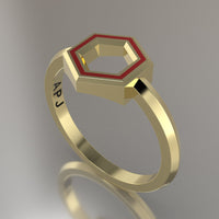 Yellow Gold Geometric Hexagon Ring, Red Resin Solid 14kt Yellow Gold Petite Design