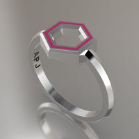 Silver Geometric Hexagon Ring, Transparent Pink Resin Solid Sterling Silver Petite Design