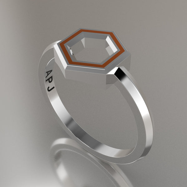 Silver Geometric Hexagon Ring, Orange Resin Solid Sterling Silver Petite Design