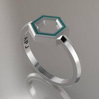 Silver Geometric Hexagon Ring, Turquoise Resin Solid Sterling Silver Petite Design