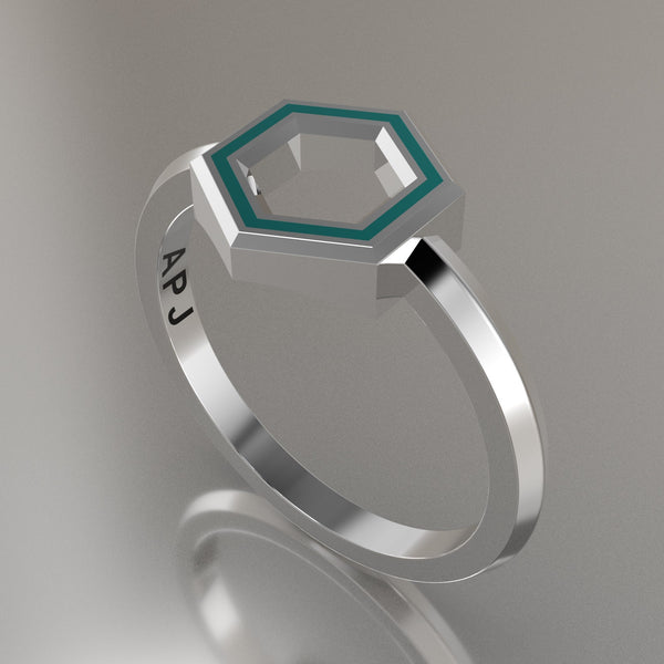 Silver Geometric Hexagon Ring, Turquoise Resin Solid Sterling Silver Petite Design