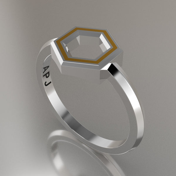 Silver Geometric Hexagon Ring, Yellow Resin Solid Sterling Silver Petite Design