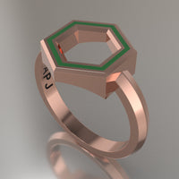 Rose Gold Geometric Hexagon Ring, Transparent Green Resin Solid 14kt Rose Gold Standard Design