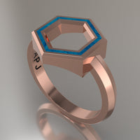 Rose Gold Geometric Hexagon Ring, Blue Swirl Resin Solid 14kt Rose Gold Standard Design