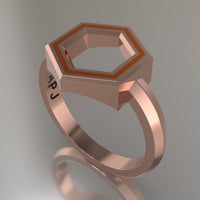 Rose Gold Geometric Hexagon Ring, Orange Resin Solid 14kt Rose Gold Standard Design