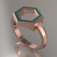 Rose Gold Geometric Hexagon Ring, Turquoise Resin Solid 14kt Rose Gold Standard Design