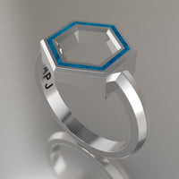 White Gold Geometric Hexagon Ring, Blue Swirl Resin Solid 14kt White Gold Standard Design