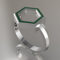 White Gold Geometric Hexagon Ring, Green Resin Solid 14kt White Gold Standard Design