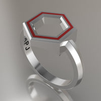 White Gold Geometric Hexagon Ring, Red Resin Solid 14kt White Gold Standard Design