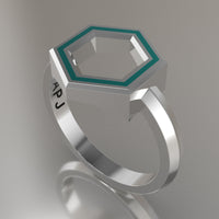 White Gold Geometric Hexagon Ring, Turquoise Resin Solid 14kt White Gold Standard Design