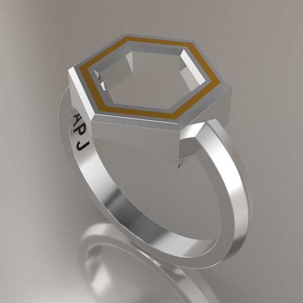 White Gold Geometric Hexagon Ring, Yellow Resin Solid 14kt White Gold Standard Design