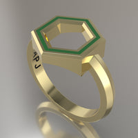 Yellow Gold Geometric Hexagon Ring, Transparent Green Resin Solid 14kt Yellow Gold Standard Design