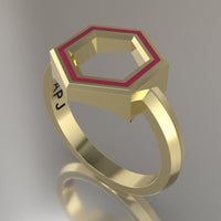Yellow Gold Geometric Hexagon Ring, Transparent Pink Resin Solid 14kt Yellow Gold Standard Design