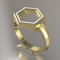 Yellow Gold Geometric Hexagon Ring, White Resin Solid 14kt Yellow Gold Standard Design