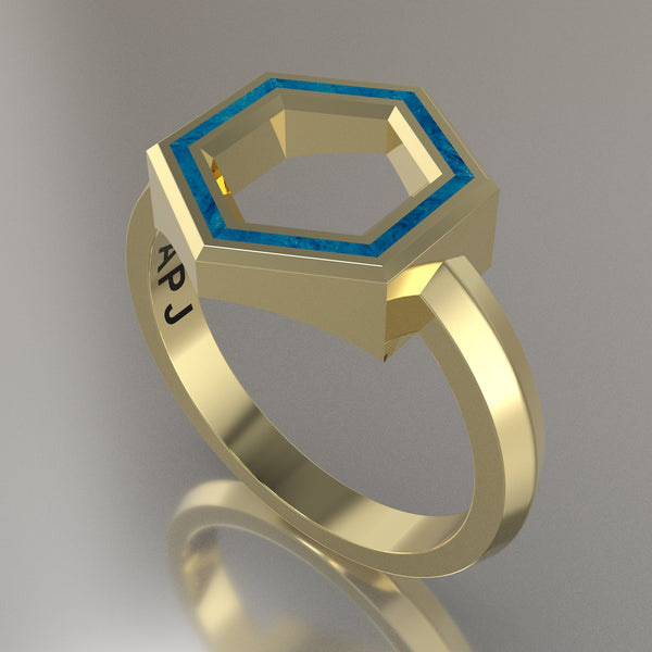 Yellow Gold Geometric Hexagon Ring, Blue Swirl Resin Solid 14kt Yellow Gold Standard Design