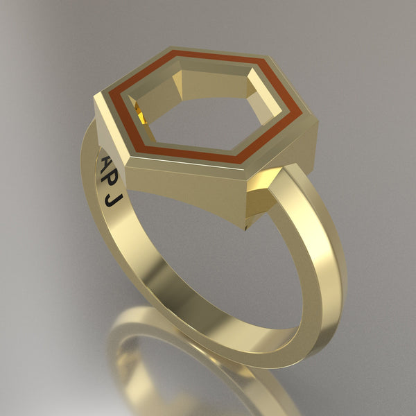 Yellow Gold Geometric Hexagon Ring, Orange Resin Solid 14kt Yellow Gold Standard Design
