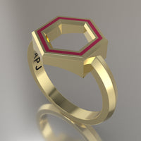 Yellow Gold Geometric Hexagon Ring, Pink Resin Solid 14kt Yellow Gold Standard Design