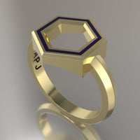 Yellow Gold Geometric Hexagon Ring, Purple Resin Solid 14kt Yellow Gold Standard Design