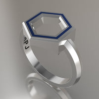 Silver Geometric Hexagon Ring, Blue Resin Solid Sterling Silver Standard Design