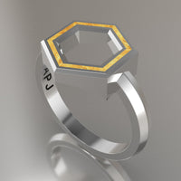 Silver Geometric Hexagon Ring, Shimmer Gold Resin Solid Sterling Silver Standard Design