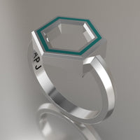 Silver Geometric Hexagon Ring, Turquoise Resin Solid Sterling Silver Standard Design