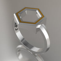 Silver Geometric Hexagon Ring, Yellow Resin Solid Sterling Silver Standard Design